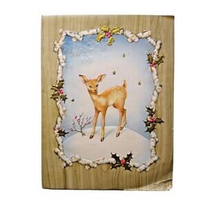 Christmas Greeting Card 1940's Reindeer Cute Deer Embossed Holly Stars Snow